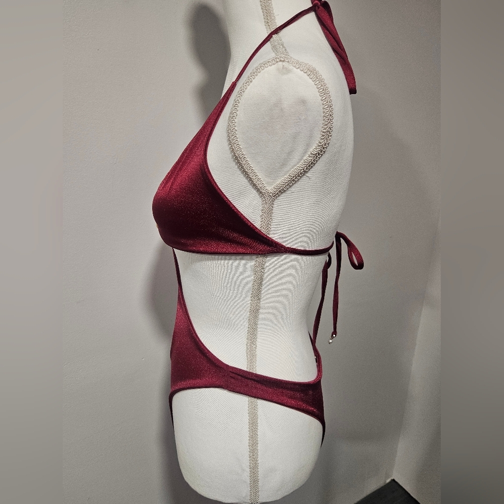 ALESSI SWIM Metallic Burgundy Cut-Out Monokini Gold Ring Detail Womens Size L - Picture 4 of 8